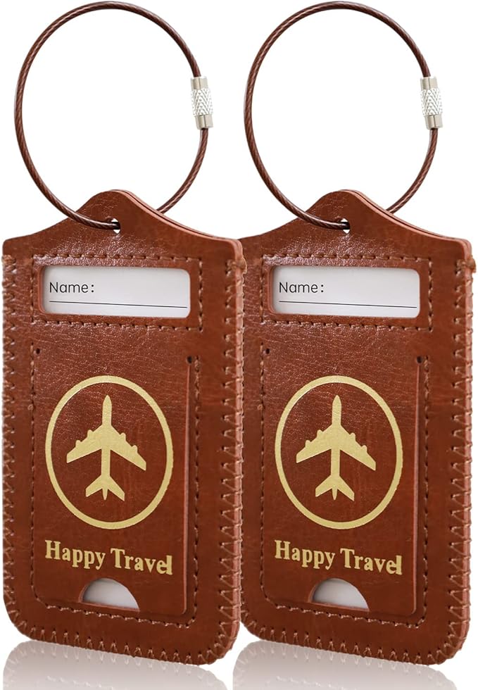Luggage Tags, ACdream Leather Case Luggage Bag Tags Travel Tags 2 Pieces Set, Brown