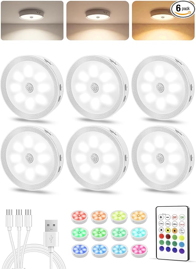 Under Cabinet Lighting, LED Puck Lights with Remote, Rechargeable Motion Sensor Lights Indoor, Dimmable Stick On Lights 3 Color Temps & 12 RGB Under Counter Lights for Kitchen, Closet White 6 Pack