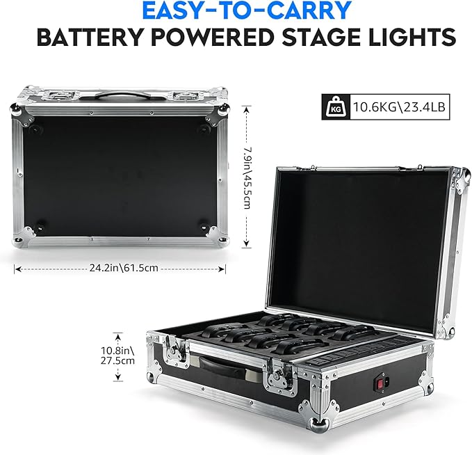 Mini Rechargeable Par Lights with Charging Case, 4 * 18W RGBWA UV 6 in 1 Battery Powered Upights, APP & Wireless DMX Control Stage Lights, Uplighting for Festival Party Wedding