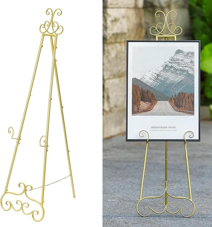 57”H Metal Easel Stand for Sign Gold, Upgrade Large Free Standing Adjustable Display Scroll Easel Stand, Heavy Duty for Mirror Pictures Wedding Holder Showcasing with Chain Support