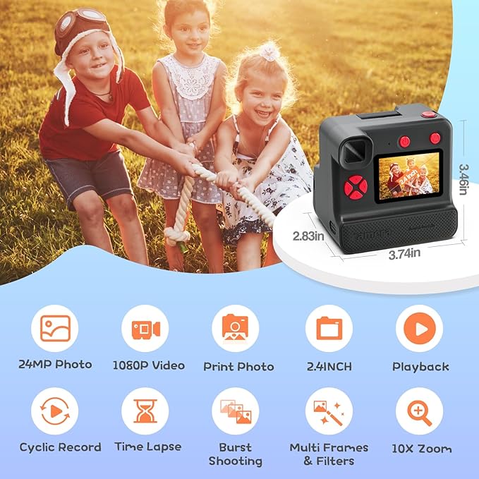 Instant Print Camera for Kids, 1080P Kids Instant Cameras,HD Digital Video Cameras Toddler 3 Print Paper & 32G Card,Christams Birthday Gifts for Girls Boys Age 3-12 (Black)
