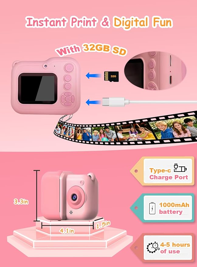 Kids Camera Instant Print, Christmas Birthday Gifts for Girl Boys 3-12 Years Old, Dual Camera HD Digital Video Cameras for Toddler 4 Rolls Print Paper & 32G Card (Pink)
