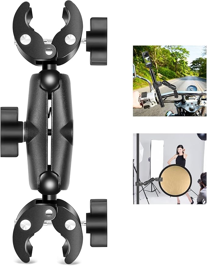 PULUZ Super Double Camera Clamp Mount, Crab Plier Clip Bracket Magic Arm Double Ball Head Adapter Umbrella Clamp for Motorcycle, Bike, Cross Bars, Desktop, Light Stand, Photo Boom Stand
