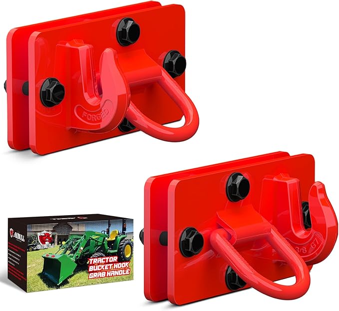 2 Pack Tractor Bucket Hooks with Tie Down Ring, Grade 70 Forged Steel Bolt On Grab Hook Tow Hook Mount with Backer Plate, Work Well for Tractor Bucket, RV, UTV, Truck, Max 15,000 lbs Red