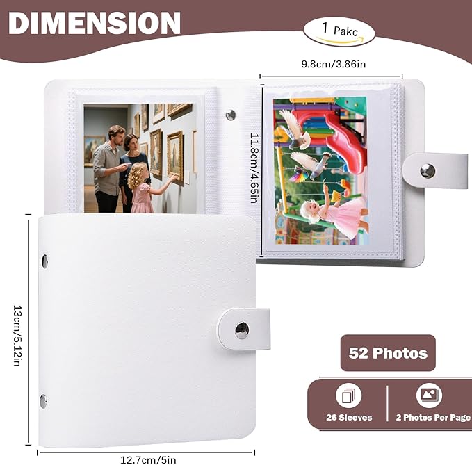 52 Pockets Mini Photo Album Fits Polaroid 600/i-Type/SX-70 Instant Film & Fujifilm Instax Wide 300/400 Instant Photos,PU Leather Cover 3.5x4.25 Inch Pictures Book (White)