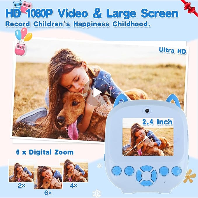 Kids Camera Instant Print, 32G 1080P HD Dual-Lens Selfie Digital Cameras, Christmas Birthday Gifts for Girls Boys, Toddler Portable Toys for 3 4 5 6 7 8 9 10 Year Old Girl-Blue