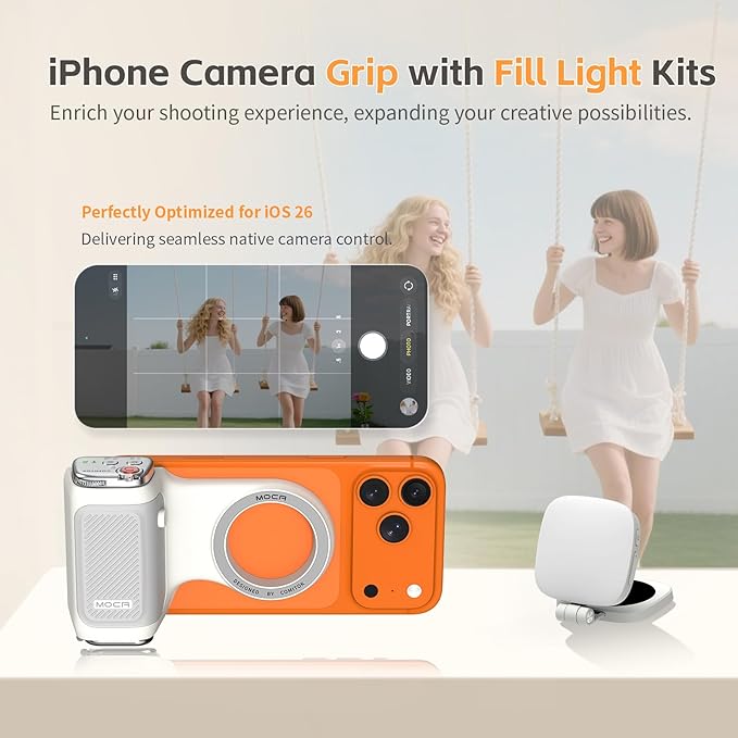 COMITOK iPhone Camera Grip MOCA with Magnet Fill Light & Mirror for 17 Pro iOS26 Native Camera, Fun Shot Magnetic Grip for Phone Compatible iOS17 and iOS18 with Anti-Drop Detachable Remote & Keychain