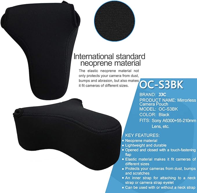 JJC Black Ultra Light Neoprene Camera Case for Sony a6600 a6500 a6400 a6300 a6100 a6000 a5100 w/55-210mm Lens, Pouch Bag for Fujifilm Fuji X-T30 X-T20 X-T10 W/ 55-200mm Lens, Elastic, Water Resistant