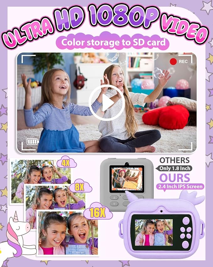Kids Camera Instant Print, 1080P Kids Instant Cameras with Photo Printing and Fun Learning, Christmas Stuffers Birthday Gifts for Girls Age 3-12, Portable Toy for 3 4 5 6 7 8 9 10 Girls Boys, Purple