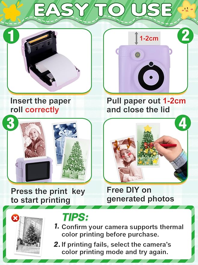 3-Color Kids Camera Paper Roll Refill - Compatible with Most Instant Print Camera, HD Photo Printer Paper for Kids Aged 4 5 6 7 8 9 10 Boys Girls Birthday Gifts (12 Rolls)