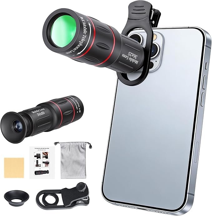 36X Telephoto Lens Kit for iPhone and Android Cell Phones, Long Focus Telephoto Phone Lens with Universal Clip, Suitable for Outdoor Picture Video Taking