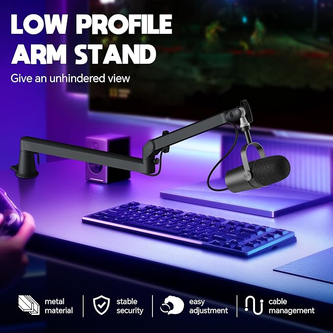 Microphone Boom Arm, Low Profile Mic Arm with 360° Rotation, Cable Management, Extended Riser, Mic Clip, Microphone Stand for Blue Yeti HyperX QuadCast Shure Elago, Black