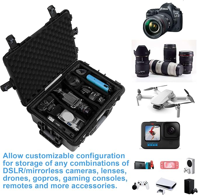 Waterproof Camera Cases, 24 x 17.5 x 10 Inch, Travel Rolling Case with Padded Dividers for Cameras, Lenses, Drones, Gear, equipment, Shockproof,Airline Carry-On, Inner 20.79"x 14.57" x 7.48"