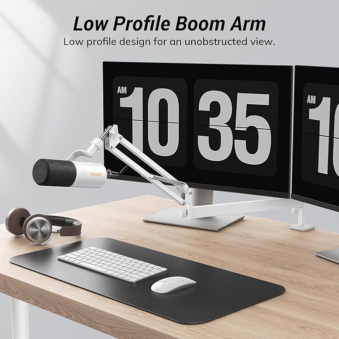 Tonor Mic Arm Desk Mount, Low Profile Boom Arm, Microphone Arm, Adjustable Mic Stand with Desk Mount Clamp, Cable Management, 3/8’’ and 5/8’’ Screwadapter for Most Microphone, White, T20LP