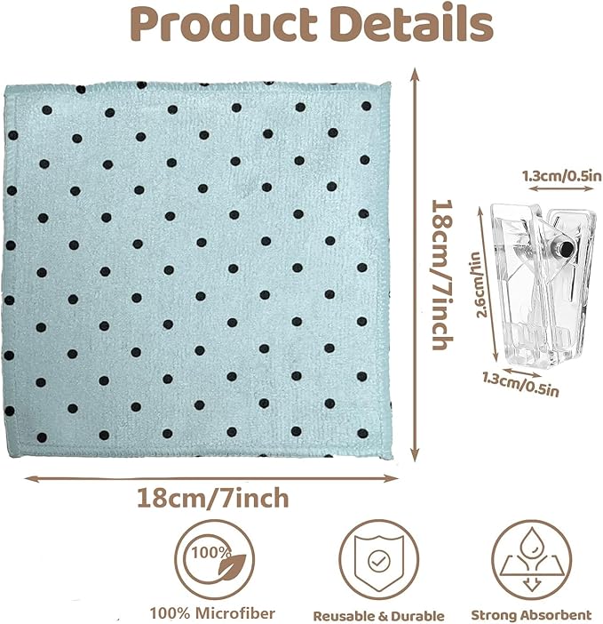8-Pack Ultra-Fine Microfiber Kitchen Towels, 7-Inch Square with 8 Clips & Multiple Patterns – Soft, Absorbent, Reusable Cleaning Cloths (Polka dots)