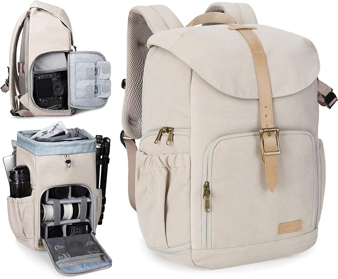 BAGSMART Camera Backpack, DSLR Camera Bag Backpacks for Photographers, Waterproof Anti-Theft Photography Backpack with 15 Inch Laptop Compartment & Tripod Holder, Ivory White