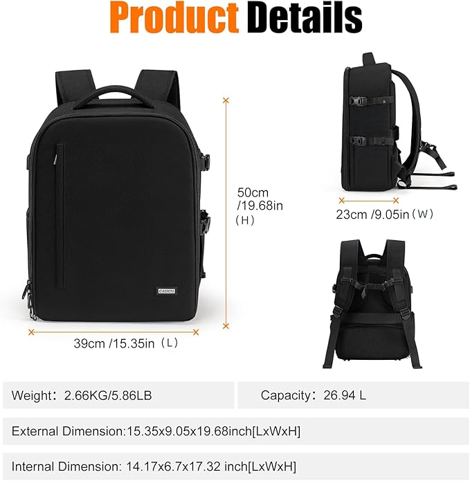 Cwatcun DSLR Camera Backpack，Large DSLR Camera Bag with 17" Laptop Compartment, Waterproof & Tripod Ready