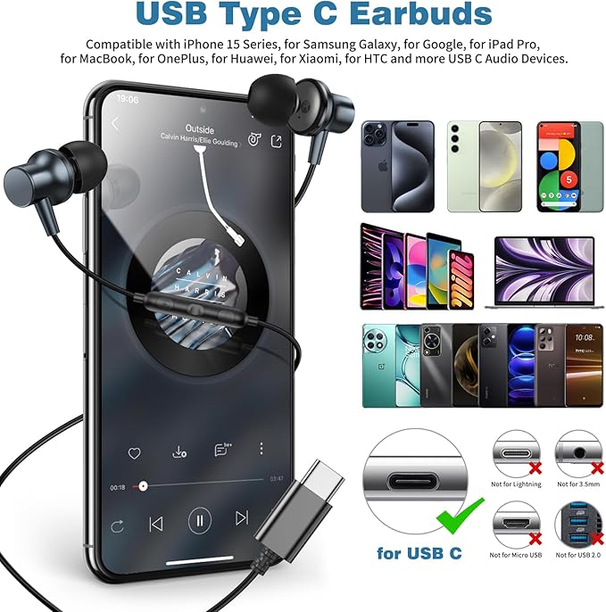 COOYA USB C Headphone Type C Wired Earbuds for iPhone 17 16 Pro Max 15 iPad 10 Pixel 9 8 Magnetic Bass Noise Canceling in-Ear Earphones+Mic for Samsung Galaxy S25 Ultra A16 A56 S23 A35 for OnePlus 13