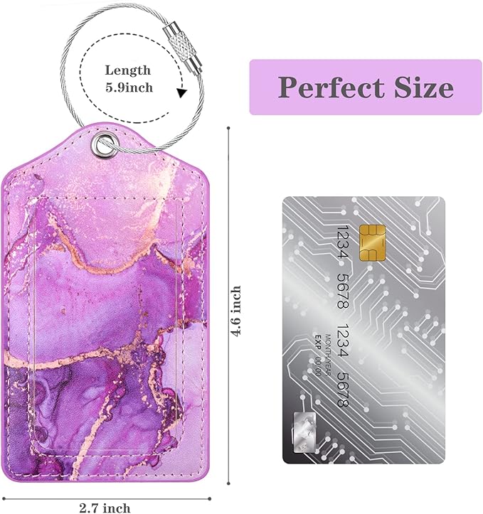 (Set of 2) Luggage Tag Leather Privacy Cover ID Label Address Card with Stainless Steel Loop, Travel Bag Tags Suitcase Labels,Purple Marble