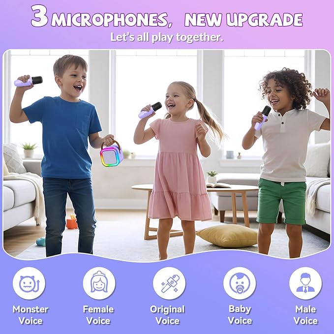 Upgraded Mini Karaoke Machine with 3 Wireless Microphones for Kids Girls Boys - Karaoke Party Speaker Christmas Birthday Gifts for 4 5 6 7 8 9 10 11+ Year Old - Kids' Instrument Accessories - Purple