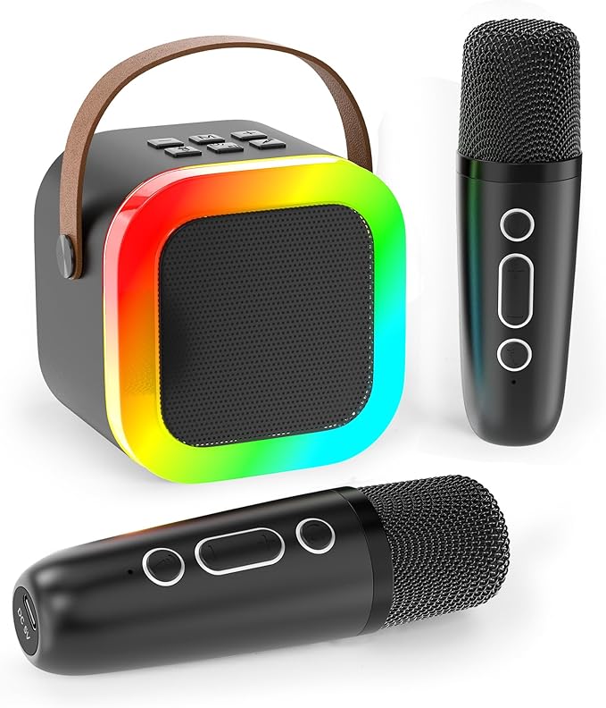 Mini Karaoke Machine for Kids Adults, Portable Bluetooth Speaker with 2 Wireless Microphones,Toys Birthday Gifts for Girls Ages 4, 5, 6, 7, 8,9,10,11,12+ Family Home Party (Black)