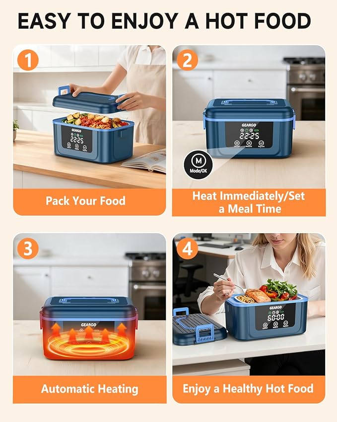 GEARGO 𝟐𝟎𝟐𝟔 𝐔𝐩𝐠𝐫𝐚𝐝𝐞𝐝 Cordless Electric Lunch Box, 1.6L & 24000mAh Rechargeable Heated Lunch Box with Ice Crystal Box, 24 Hours Scheduled Self Heating Lunchbox For Work Men Women(Blue)