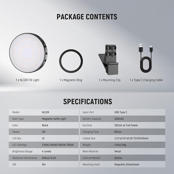 NEEWER Entry Level Version Magnetic Selfie Light Compatible with MagSafe iPhone, 1W Clip on Metal LED Phone Fill Ring Lighting for Laptop Video Conference Makeup Recording, CRI95+ 840lux/0.2m, NL32R