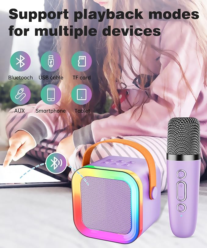 Mini Karaoke Machine Speaker for Kids Adults,Portable Bluetooth with 1-2 Wireless Microphones,Christmas Birthday Gifts Toys Girls Boys Ages 4, 5, 6,7, 8,9,10,11,12+ Years Old Toddler (Purple - 2 Mic)