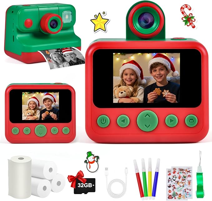 Kids Instant Print Camera with Carrying Bag, 1080P HD Girl Camera with 4 Print Paper Rolls, Color Pens & 32GB Card, Christmas Birthday Gifts Kids Girl Toys for 3-12 Years Old (Pink)