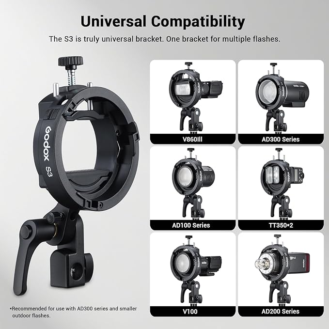 Godox S3 Speedlite Bracket, Compact Lightweight Bowens Mount for Godox V1/V1Pro, AD200/AD300, V860II/III, 20% Smaller Than S2, ±90° Angle Adjustment & Umbrella Hole, 0.45kg