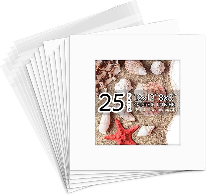 Golden State Art, Acid Free, Pack of 25, 12x12 White Picture Mats Mattes with White Core Bevel Cut for 8x8 Photo + Backing + Bags
