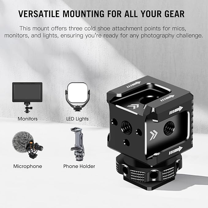 Triple Cold Shoe Mount with 1/4" Thread, Aluminum Camera Hot Shoe Extension Bracket with 3 Port Cold Shoe Mounts for LED Video Light Monitor Microphone Camera Cage (62011)