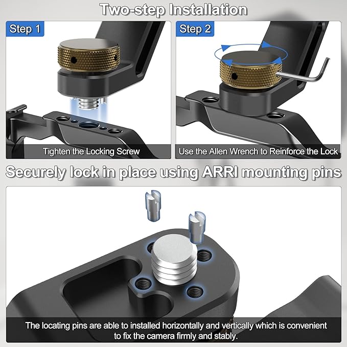 Top Handle with 3/8"-16 Locating Pins, Universal Camera Handgrip with 5 Cold Shoe Mount for Microphone, LED Light, Monitor, 1/4", 3/8" Threaded Holes with Locating Pins for ARRI Grip