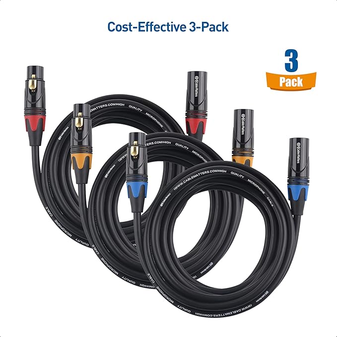 Cable Matters 3-Pack Color-Coded Premium Shielded XLR Cables - 10ft, Oxygen-Free Copper (OFC) XLR Microphone Cable Male to Female, Black