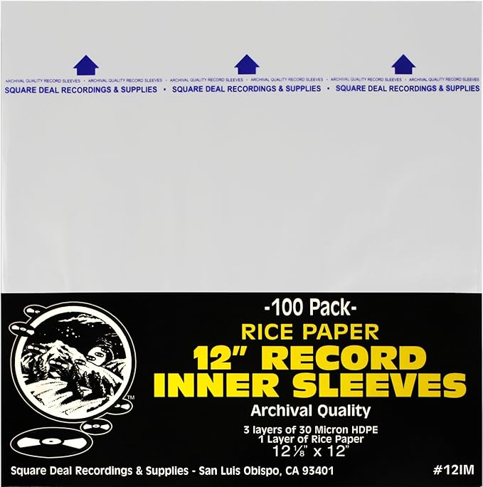 (100) 12 Inch Record Inner Sleeves - 3-Layers of Archival Quality, Anti-Static HDPE with Rice Paper Enclosed Insert for Extra Rigidity #12IM