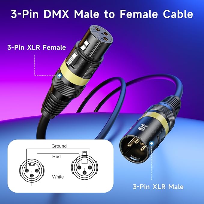 Cable Matters 2-Pack 22AWG Stage Light DMX Cable 50ft / 15.2m with 3-Pin XLR Connector, 3 Pin XLR Male to Female DMX Lighting Cable