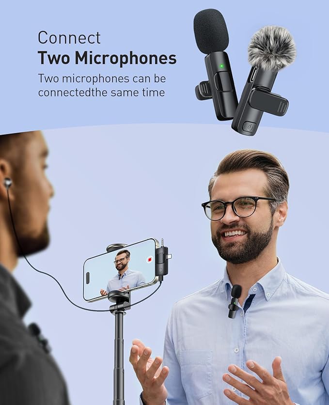 3-in-1 Mini Microphone for iPhone: Wireless Lavalier Microphone with 80ft Range & 15H Battery - Noise Reduction Lapel Mic, Real-Time Monitoring for Video Recording, Vlog, YouTube