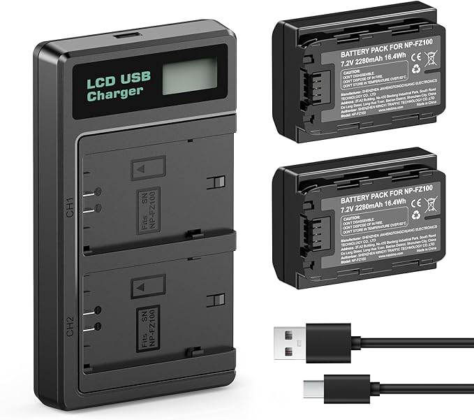 NASTIMA 2 Pack NP-FZ100 Battery with LCD Battery Charger, 2280mAh Battery Replacemnt for Sony A7iii, A7iv, A6600, A6700, A7C, FX3, FX30, A9, ZV-E1, ZV-E10ii, Alpha 9, A9S, A7R III, A7R IV, A7RV