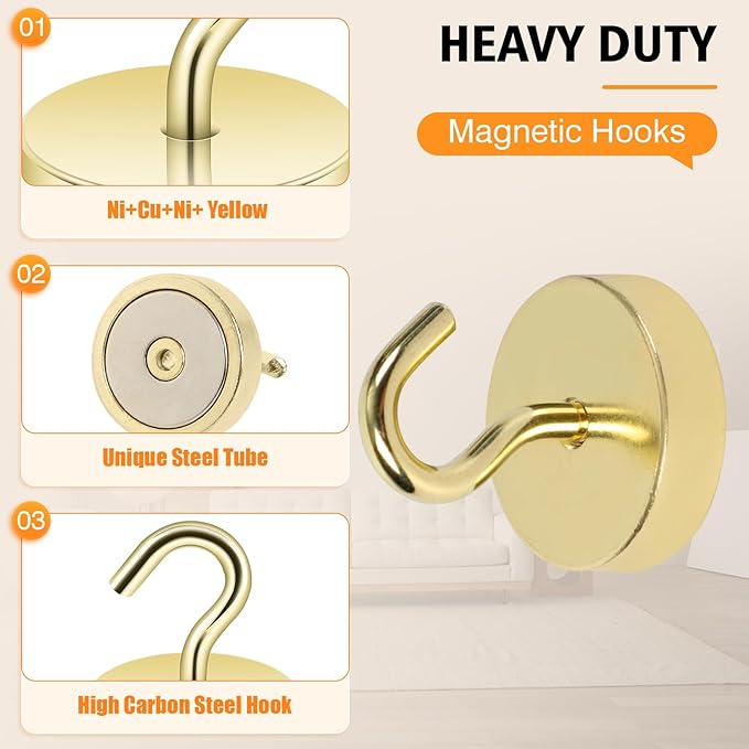 Neosmuk Magnetic Hooks, Cruise Ship Essentials, 80lb+ Heavy Duty Magnetic Hooks for Cruise Cabins, Refrigerator, Grill, Hanging, and Travel | Extra Strong Must-Haves Magnet Hook,Gold, 5 Pack