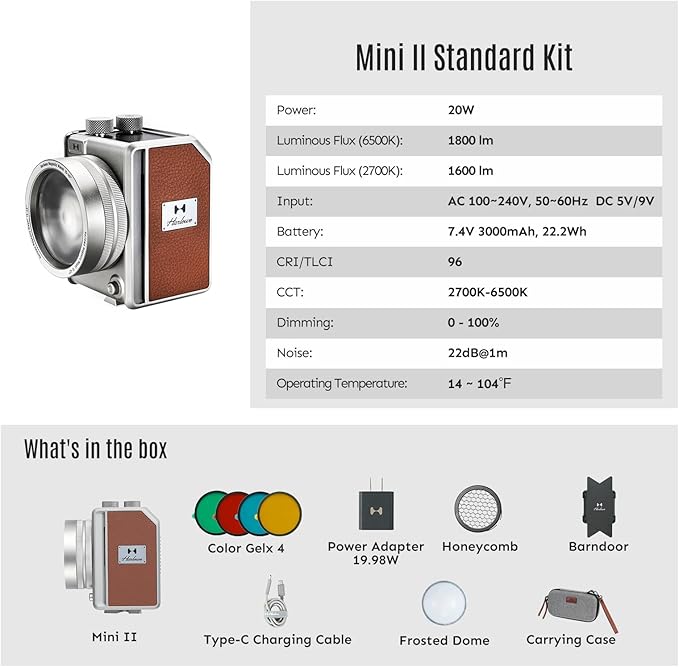 Harlowe Mini II Photography Lighting Standard Kit 20W - Portable Bi-Color LED Camera Light 2700K-6500K - Magnetic Mount System, Adjustable Beam, V-Mount Compatible - Travel & Studio Video Lighting