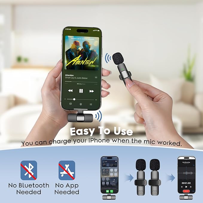 Mini Wireless Lavalier Microphone for iPhone, iPad, Android Phone, Clip on Omni Lav Mic for Video Recording, Tiktok, YouTube, Vlog - Noise Reduction Lapel USB C Bluetooth Mic for Recording