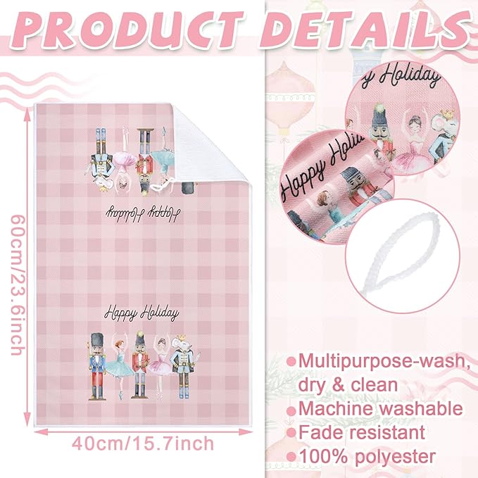 Preboun 6 Pcs Christmas Kitchen Towels Nutcracker Tree Christmas Dish Towels Pink and White Buffalo Plaid Hand Towels Farmhouse Winter Tea Towels for Home Kitchen Bathroom Decor