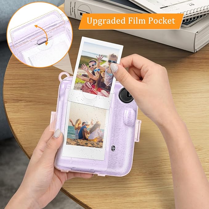 Fintie Protective Clear Case for Fujifilm Instax Mini 12 Instant Camera - Crystal Hard Shell Cover with Upgraded Film Pocket for Storing Photos & Removable Shoulder Strap