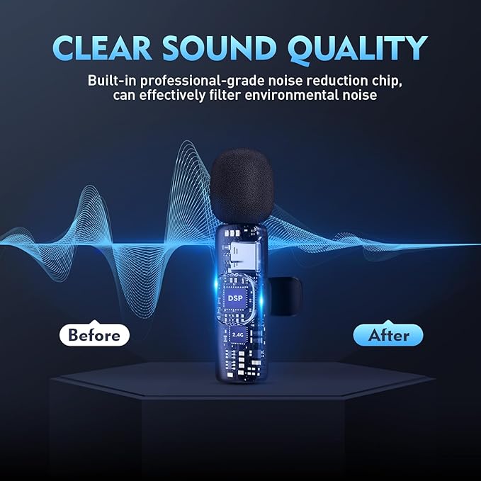 New Mini Wireless Microphone for iPhone iPad Android,Lavalier Microphone for Video Recording,2 Pack iPhone Mic Crystal Clear Recording with USB-C for Podcast Microphone,4 Extra Windscreens
