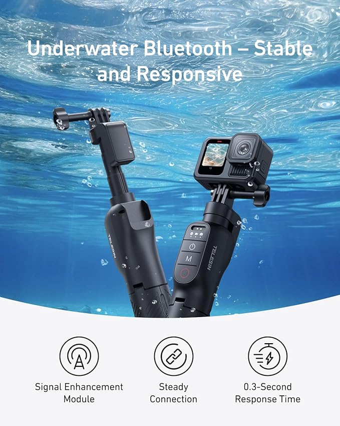 TELESIN Bluetooth Floating Selfie Stick Tripod for GoPro Hero 13/12/11/10/9, Waterproof Extendable Pole 3-in-1 Hand Grip Tripod with Signal Booster, 15M Diving Stick for Surfing, Snorkeling, Vlogging