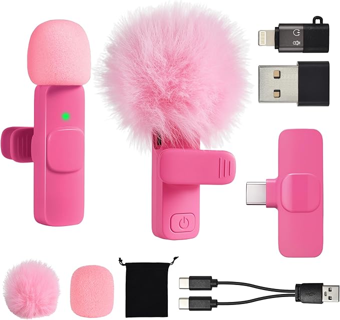 Mini Hot Pink Microphone for iphone Android Phone Tablet ipad PC, Usb C Wireless Lavalier Mic for Video Recording Vlogging Youtube Tiktok Podcast Interview content creators, Type C Tiny Microphones