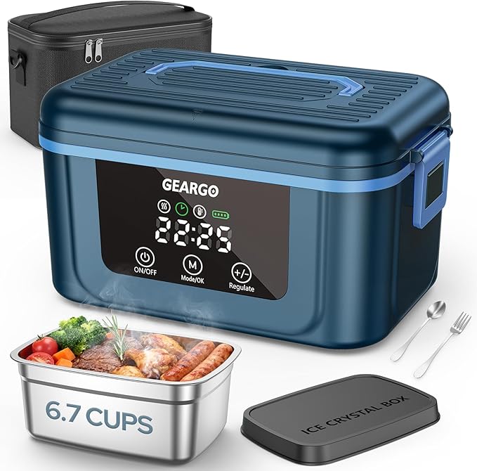 GEARGO 𝟐𝟎𝟐𝟔 𝐔𝐩𝐠𝐫𝐚𝐝𝐞𝐝 Cordless Electric Lunch Box, 1.6L & 24000mAh Rechargeable Heated Lunch Box with Ice Crystal Box, 24 Hours Scheduled Self Heating Lunchbox For Work Men Women(Blue)