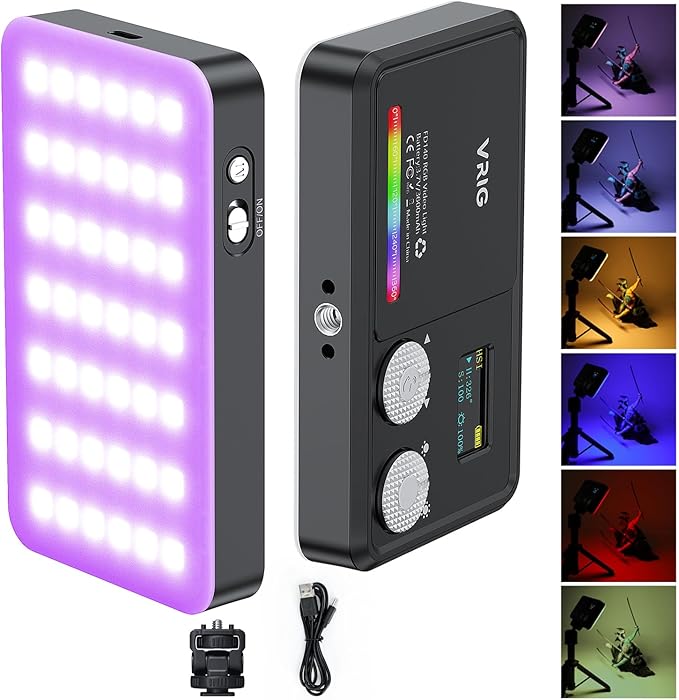 VRIG RGB Video Light, Portable LED Camera Light, 2500K-9000K, 3000 mAh, 20 Effects, 140 LEDs, OLED Display, DSLR Lighting for Photography, Recording, Vlogging, Content Creation