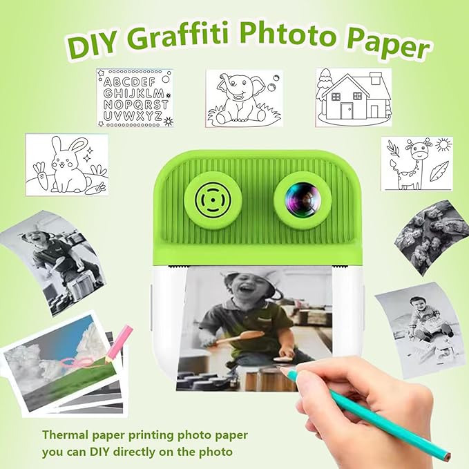 Dual-Lens Instant Print Camera for Kids, 48MP Thermal Instant Printing Camera with 2.4 Inch IPS Screen for Toddler, Boys Girls Christmas Birthday Gifts Photo Printer with 64GB SD Card (Green)