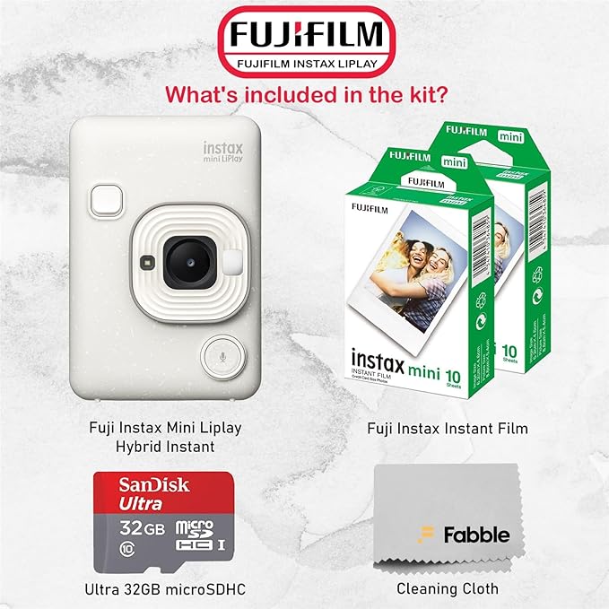 Fujifilm INSTAX Mini LiPlay Hybrid Instant Camera Bundle with 20 Sheets INSTAX Mini Film, 32GB microSD Card, USB Charging Cable, Hand Strap, Cleaning Cloth (Misty White)